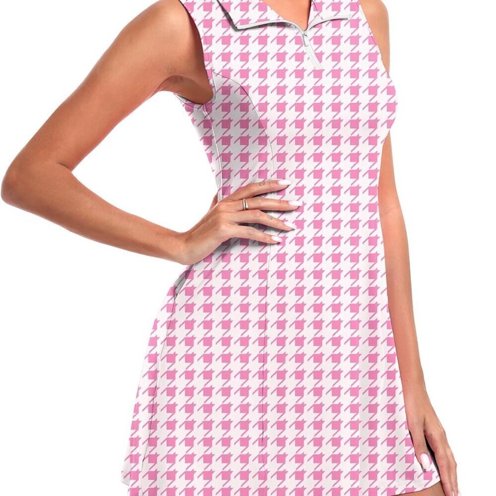 Women's Golf Tennis Dress Athletic Workout Dress with Shorts Pockets Pink